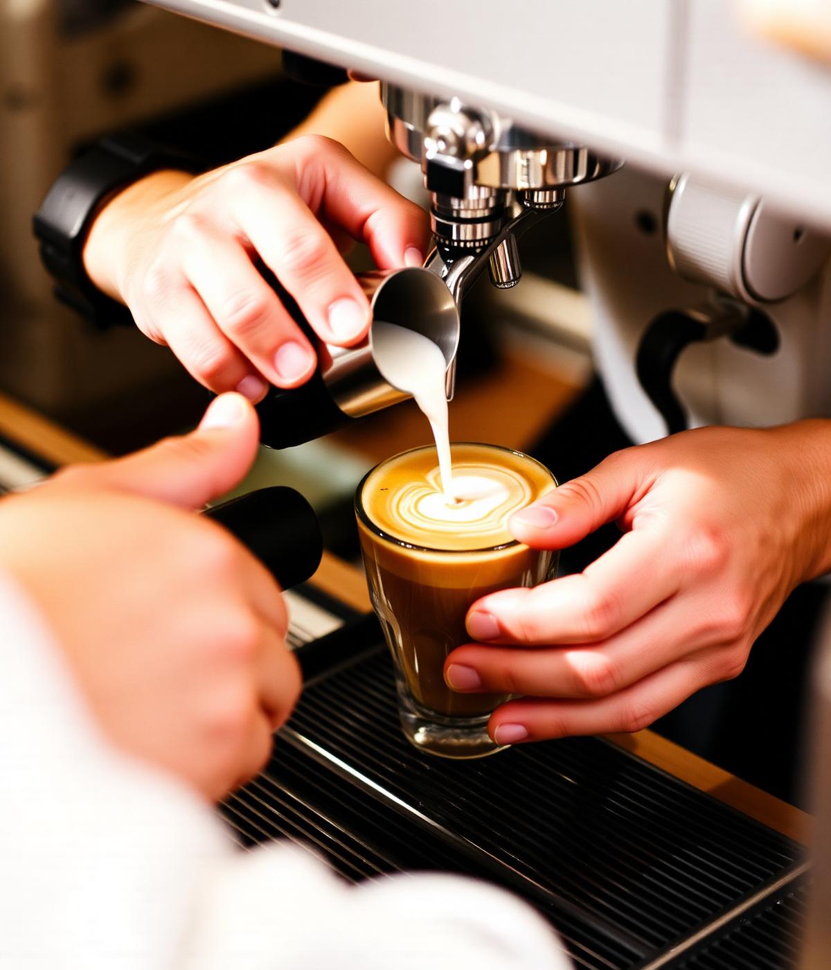 Barista turnând lapte într-un espresso