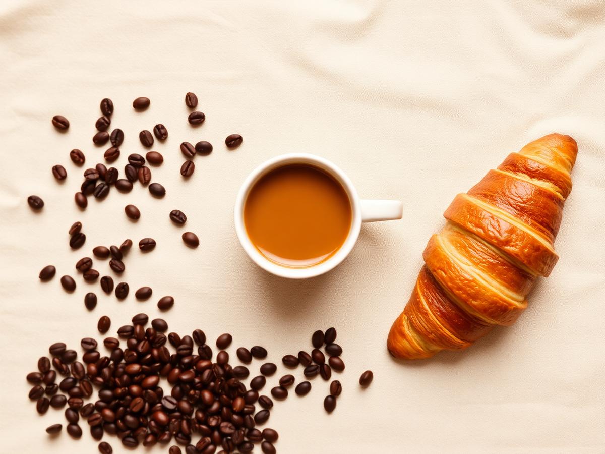 Cafea, croissant și boabe în flat lay